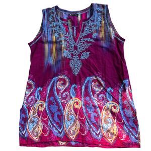Boho Embroidered Tank Tunic SZ 42 Paisley Hippie Cotton Casual Sleeveless